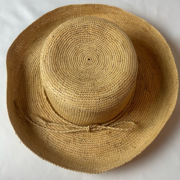 Vintage Whole Earth Crochet Raffia Straw Sun Hat Upturned Brim Tan Women’s - Picture 4 of 7
